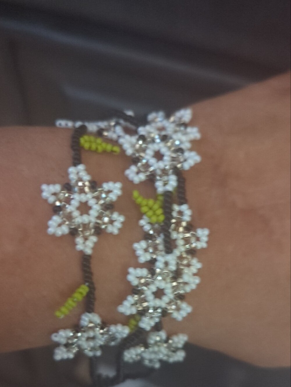 Delicate White Floral Beaded Statement Necklace with Green Accents - Picture 4 of 6